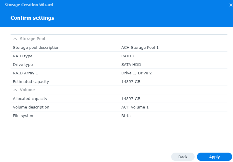 Synology Storage Creation Wizard Confirm